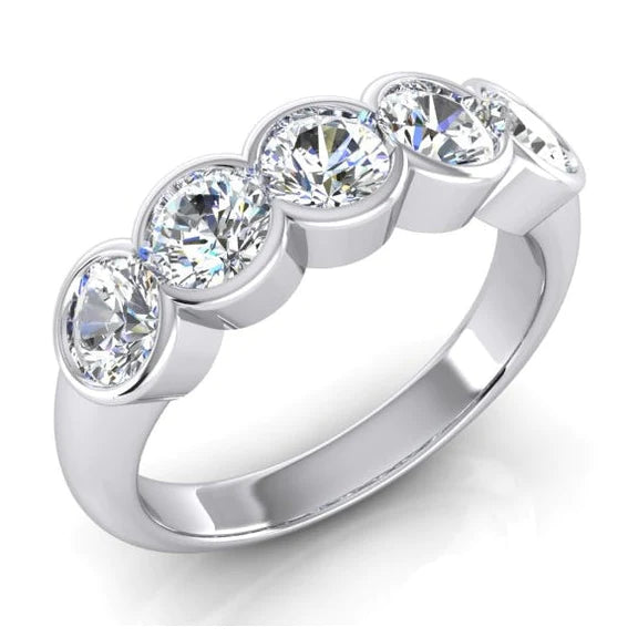 5 Stone Natural Diamond Anniversary Band Half Bezel Setting 1.50 Carats