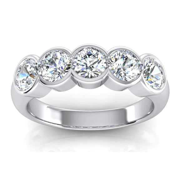 5 Stone Natural Diamond Anniversary Band Half Bezel Setting 1.50 Carats