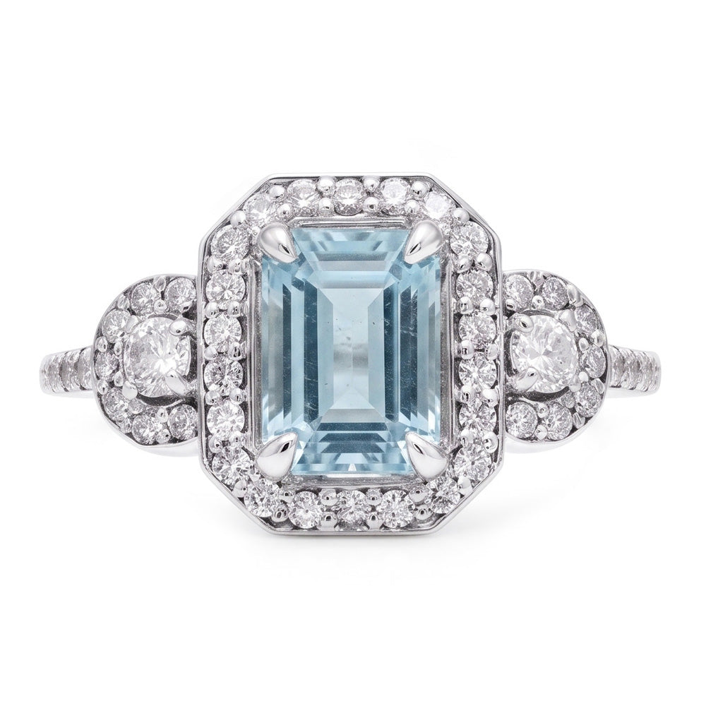 6.25 Ct Emerald Cut Aquamarine And Small Natural Earth Mined Diamond ( Not Lab Grown )s Ring White Gold