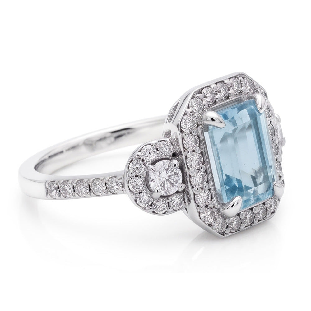 6.25 Ct Emerald Cut Aquamarine And Small Natural Earth Mined Diamond ( Not Lab Grown )s Ring White Gold