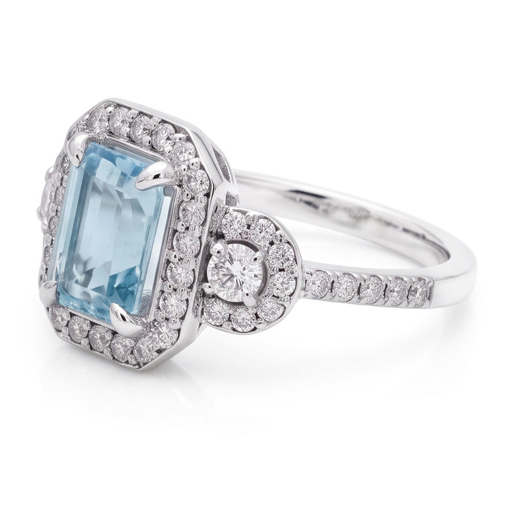 6.25 Ct Emerald Cut Aquamarine And Small Natural Earth Mined Diamond ( Not Lab Grown )s Ring White Gold