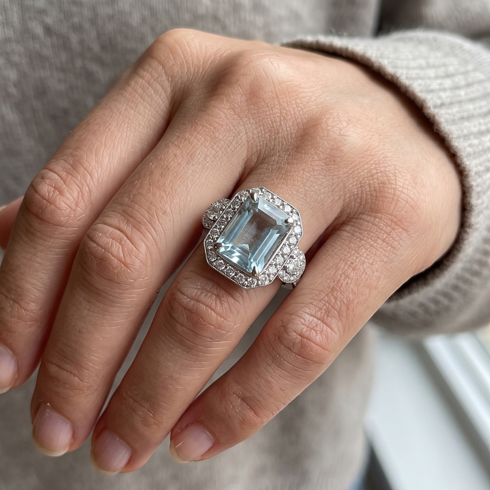 6.25 Ct Emerald Cut Aquamarine And Small Natural Earth Mined Diamond ( Not Lab Grown )s Ring White Gold