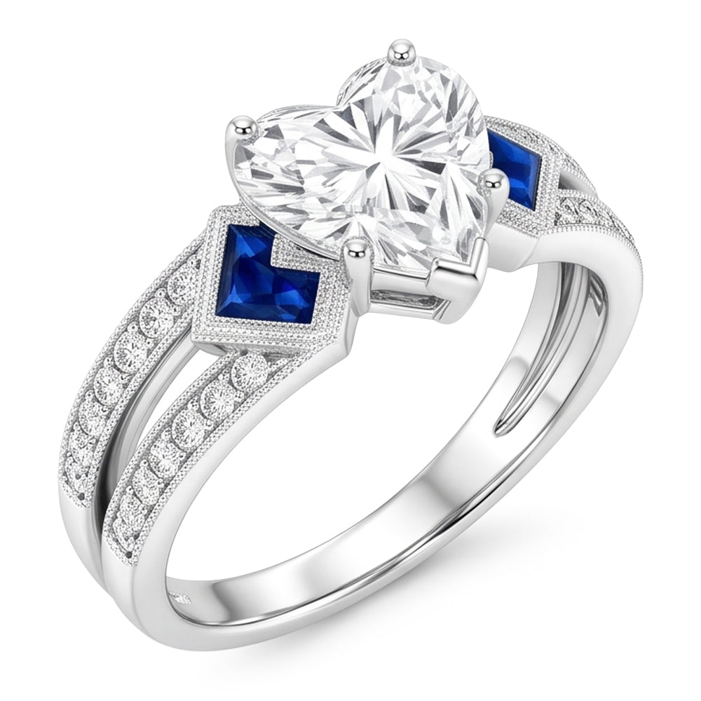 6.50 Carats Real Heart Cut Natural Earth Mined Diamond ( Not Lab Grown ) With Sapphire Wedding Ring WG 14K