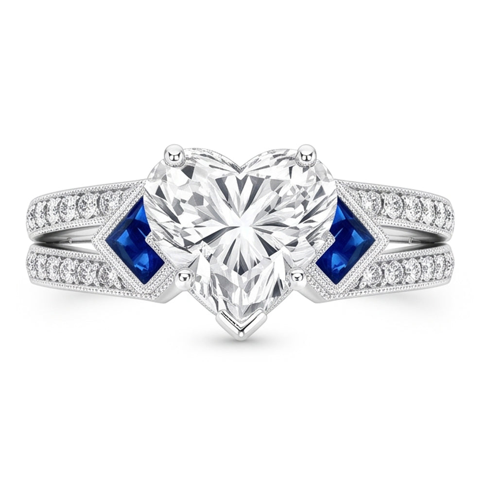 6.50 Carats Real Heart Cut Natural Earth Mined Diamond ( Not Lab Grown ) With Sapphire Wedding Ring WG 14K