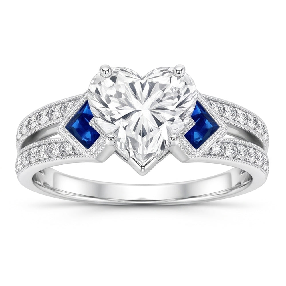 6.50 Carats Real Heart Cut Natural Earth Mined Diamond ( Not Lab Grown ) With Sapphire Wedding Ring WG 14K