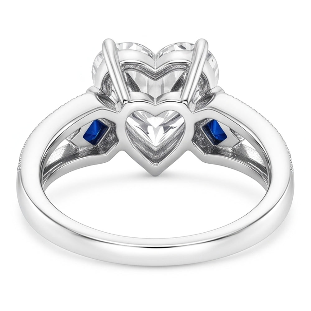 6.50 Carats Real Heart Cut Natural Earth Mined Diamond ( Not Lab Grown ) With Sapphire Wedding Ring WG 14K
