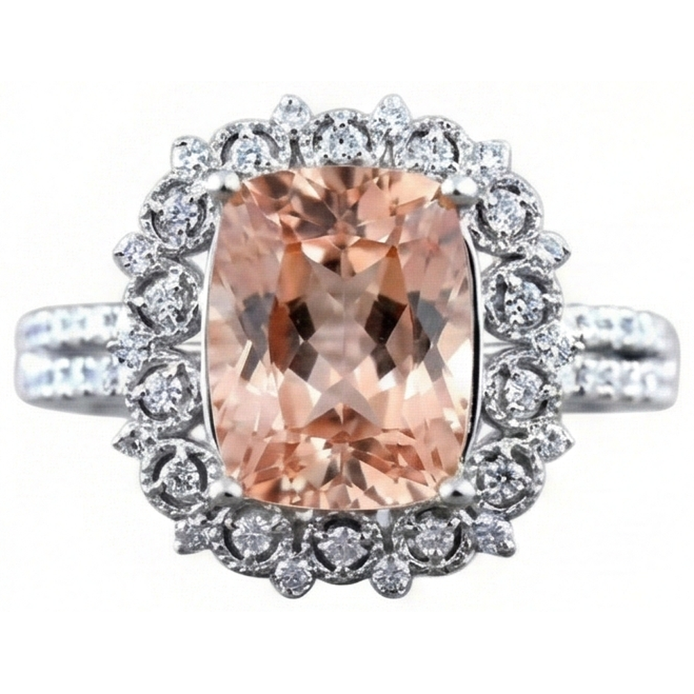 6.50 Ct Cushion Morganite And Natural Earth Mined Diamond ( Not Lab Grown )s Ring Gold 14K