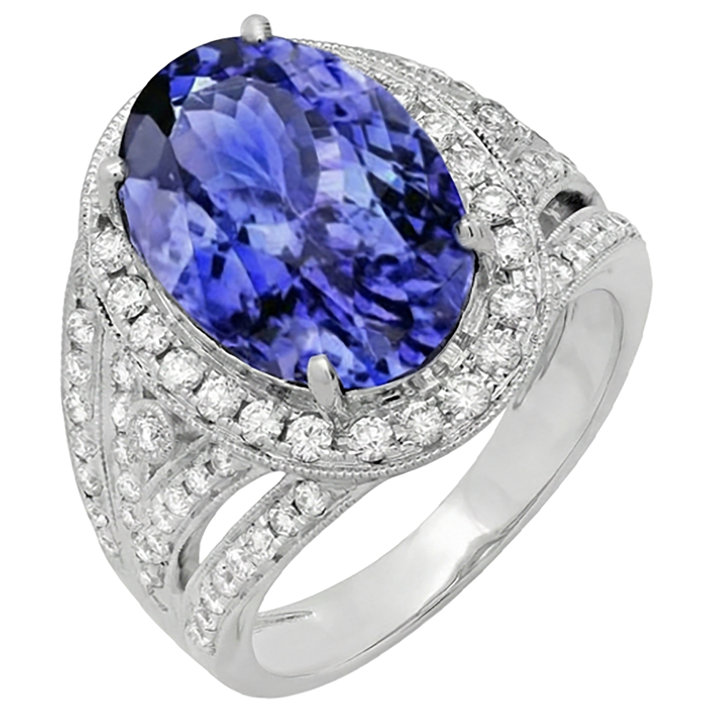natural round tanzanite 6.55ct ring close up detail