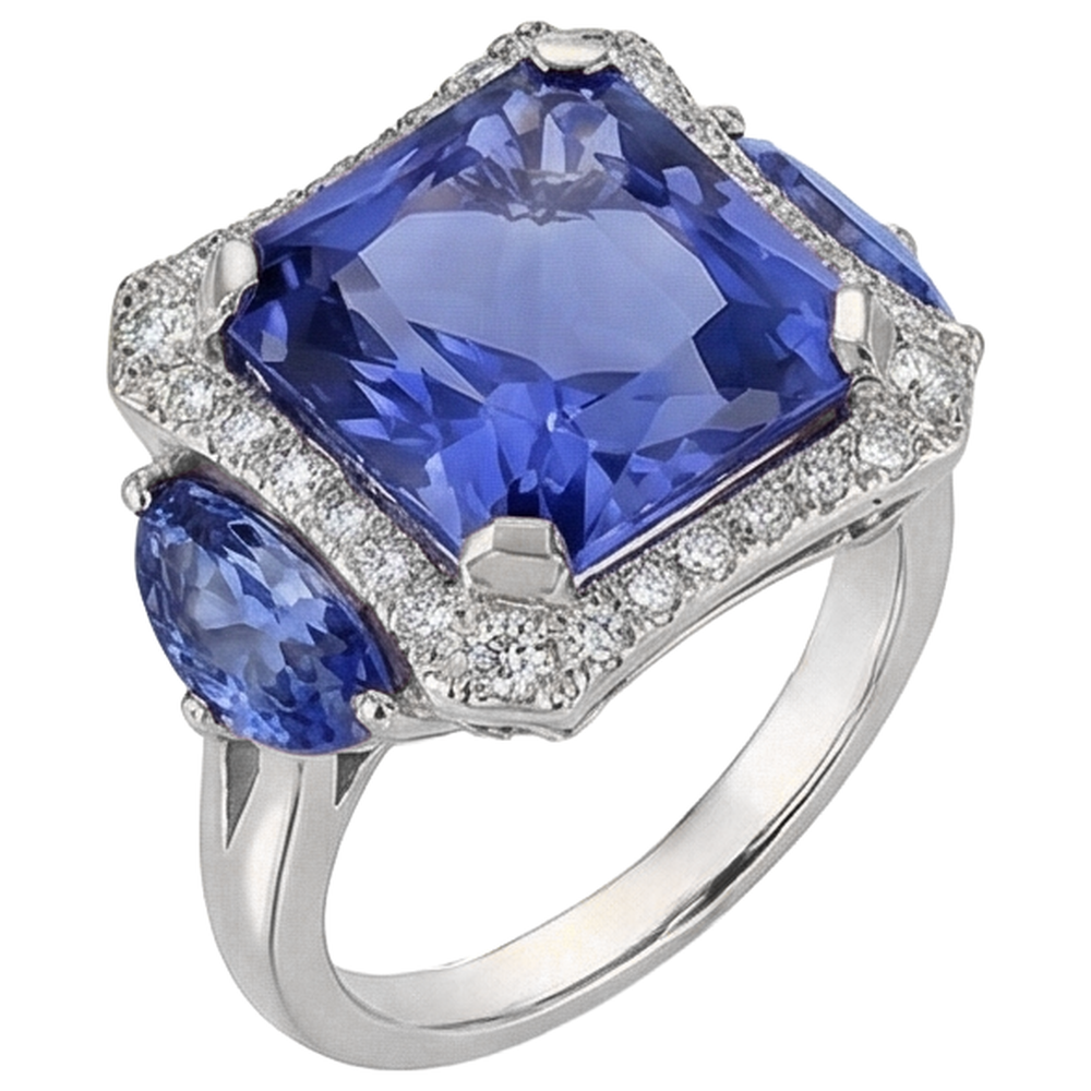 natural round tanzanite 6.75ct ring close up detail