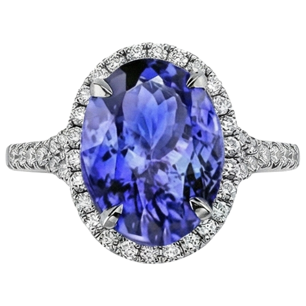 6.85 Ct Tanzanite With Halo Natural Earth Mined Diamond ( Not Lab Grown )s Ring White Gold 14K