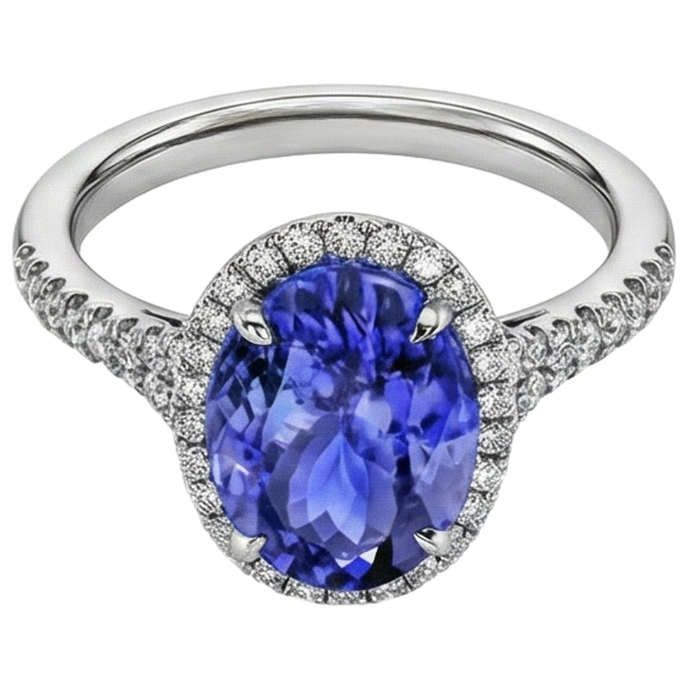 6.85 Ct Tanzanite With Halo Natural Earth Mined Diamond ( Not Lab Grown )s Ring White Gold 14K