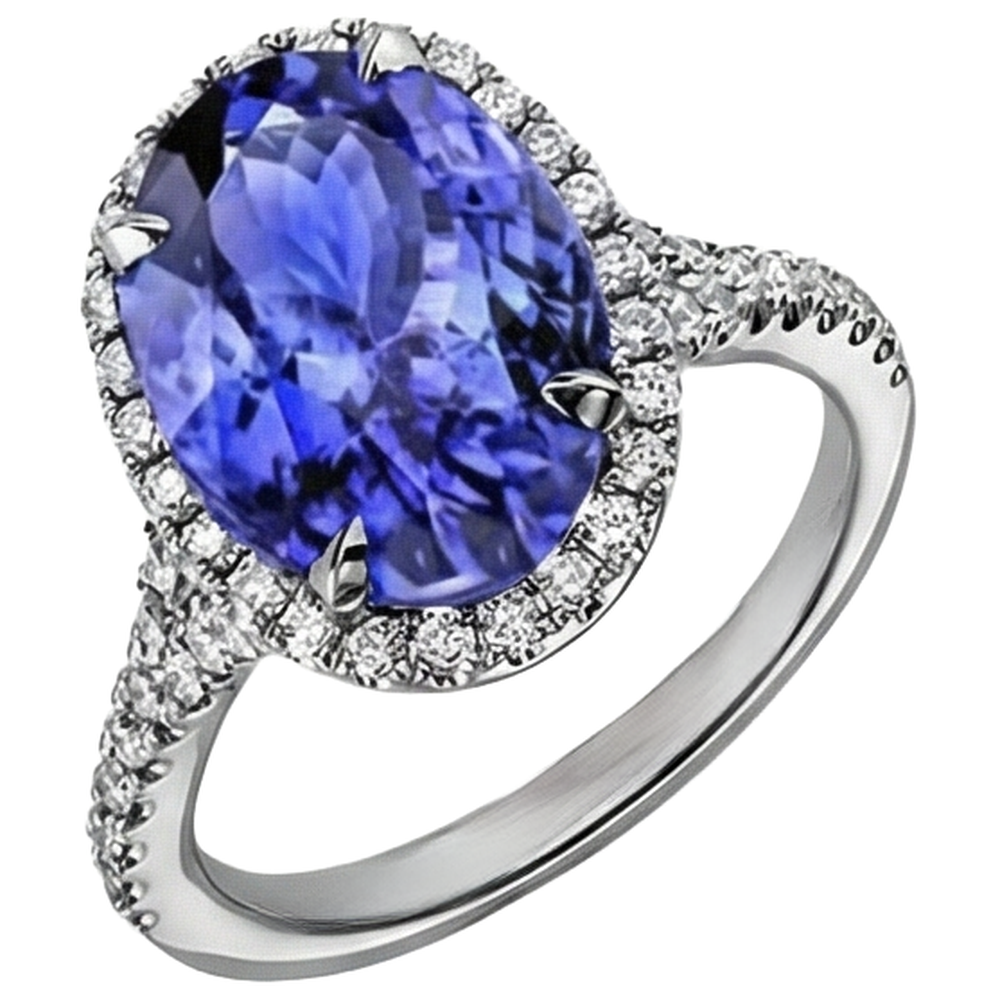 6.85 Ct Tanzanite With Halo Natural Earth Mined Diamond ( Not Lab Grown )s Ring White Gold 14K
