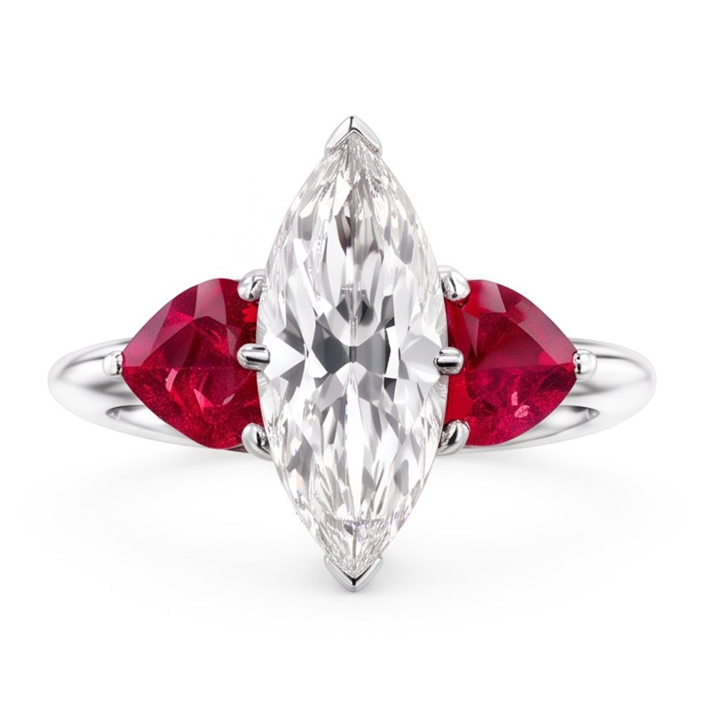 6 Carat Marquise Natural Earth Mined Diamond ( Not Lab Grown ) Ring With Rubies