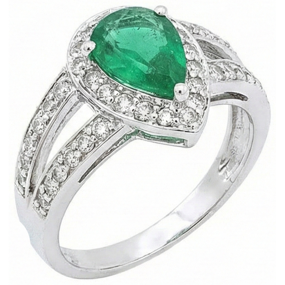6 Carats Pear Green Emerald With Natural Earth Mined Diamond Wedding Ring White Gold 14K