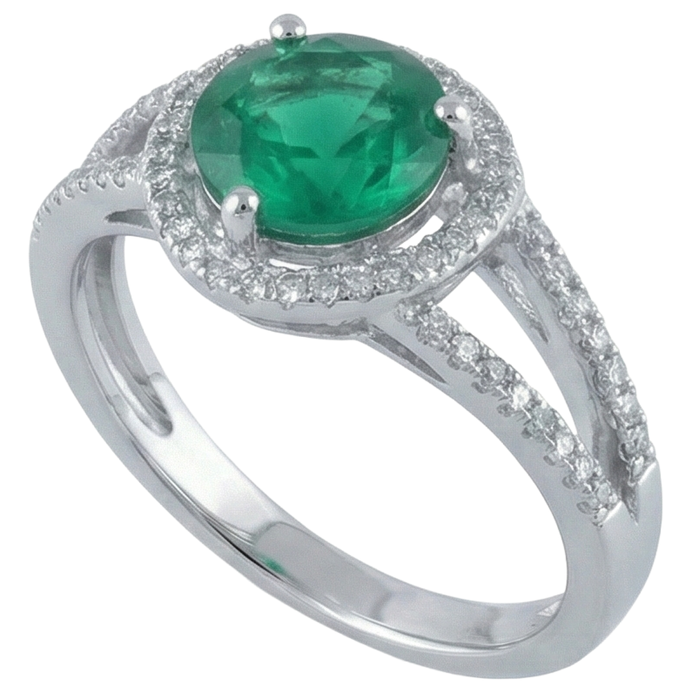 6 Carats Round Shape Green Emerald With Natural Earth Mined Diamond ( Not Lab Grown )  Ring Gold
