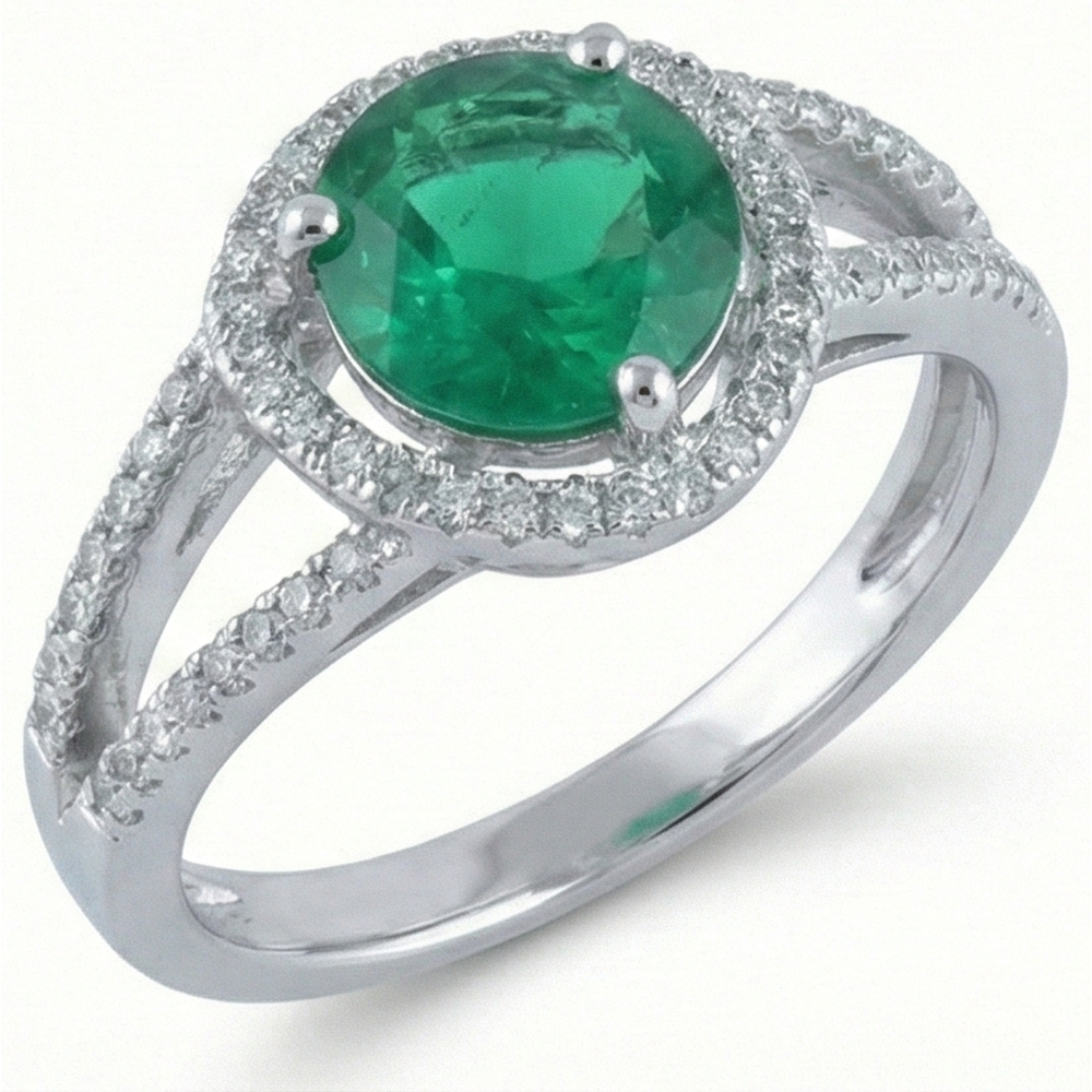 6 Carats Round Shape Green Emerald With Natural Earth Mined Diamond ( Not Lab Grown )  Ring Gold