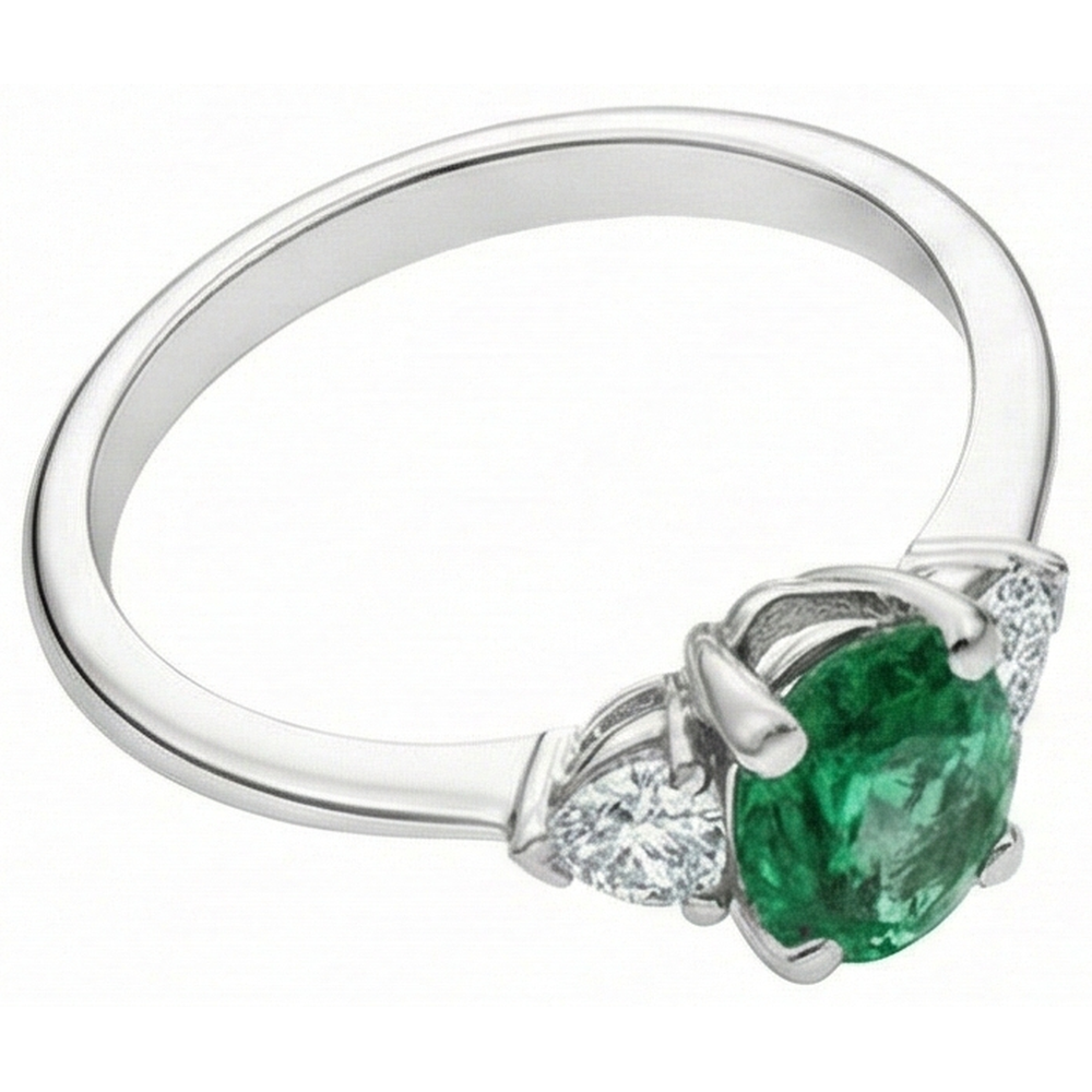 6 Carats Three Stone Green Emerald And Natural Earth Mined Diamond ( Not Lab Grown )s Ring 14K White Gold