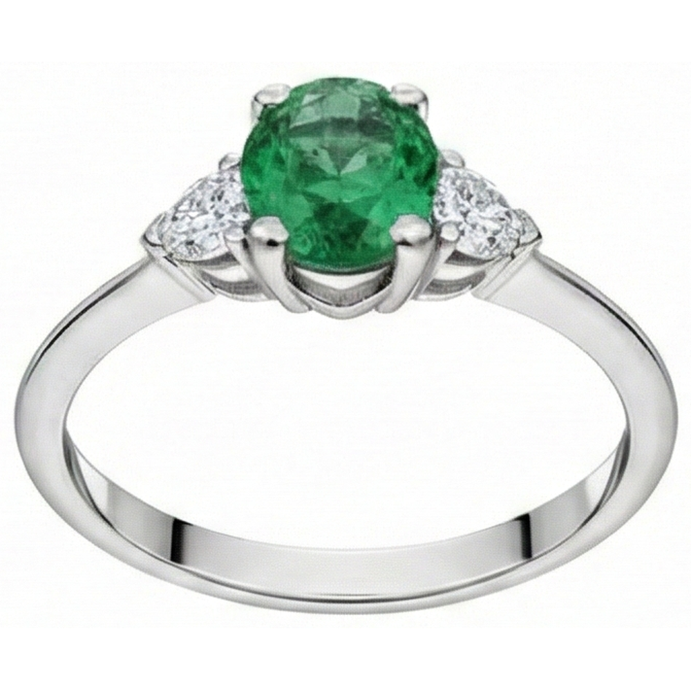 6 Carats Three Stone Green Emerald And Natural Earth Mined Diamond ( Not Lab Grown )s Ring 14K White Gold