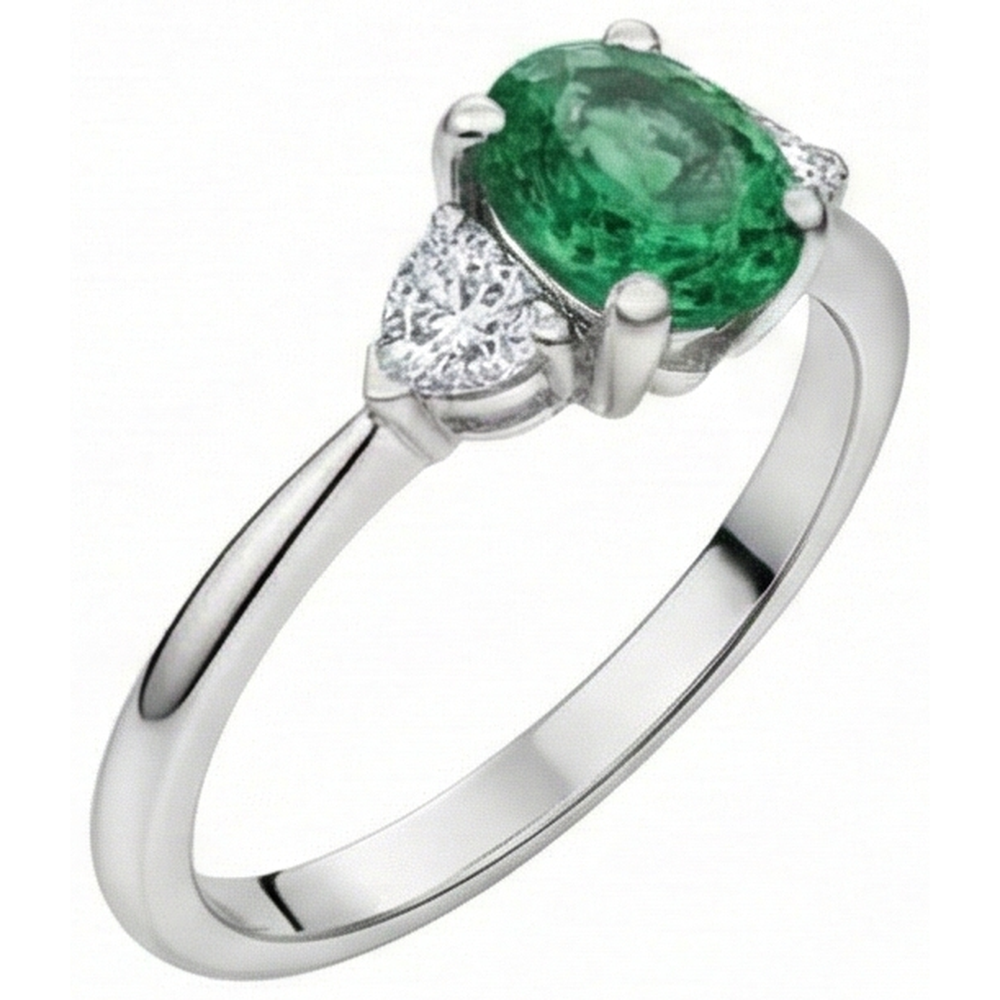 6 Carats Three Stone Green Emerald And Natural Earth Mined Diamond ( Not Lab Grown )s Ring 14K White Gold