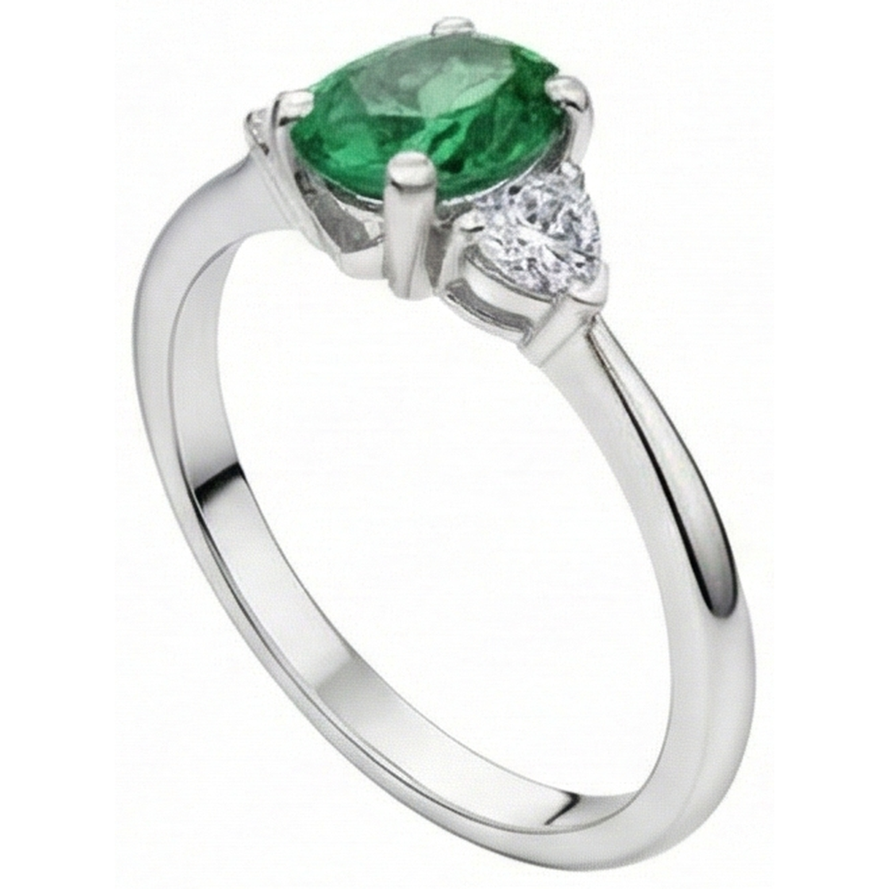 6 Carats Three Stone Green Emerald And Natural Earth Mined Diamond ( Not Lab Grown )s Ring 14K White Gold