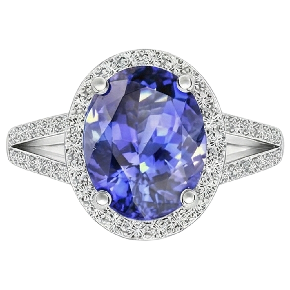 6 Ct Halo Tanzanite With Natural Earth Mined Diamond ( Not Lab Grown )s Ring White Gold 14K