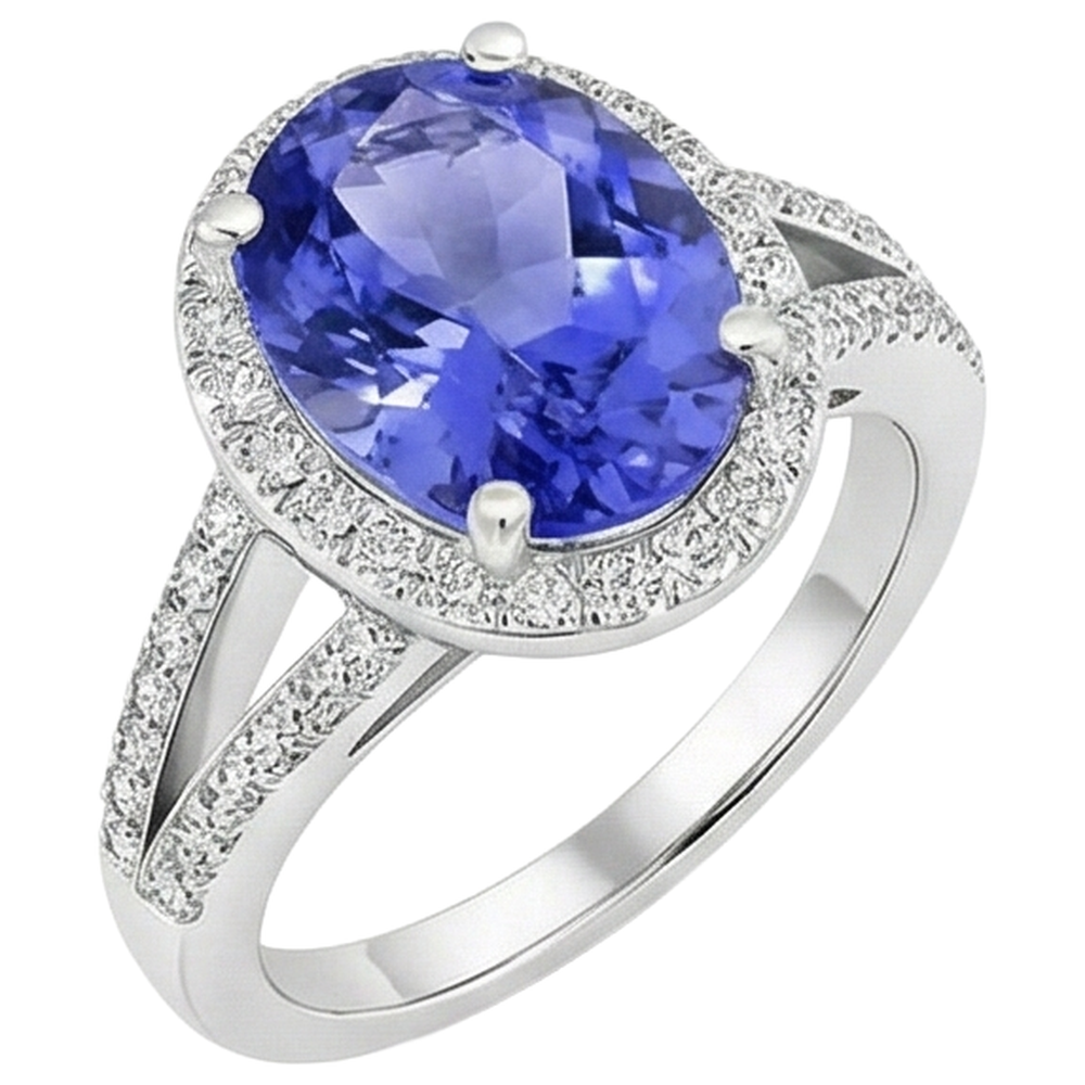 6 Ct Halo Tanzanite With Natural Earth Mined Diamond ( Not Lab Grown )s Ring White Gold 14K