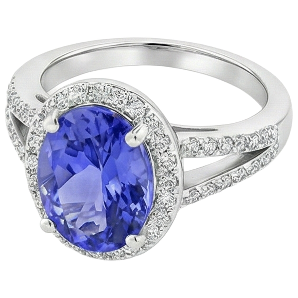 6 Ct Halo Tanzanite With Natural Earth Mined Diamond ( Not Lab Grown )s Ring White Gold 14K