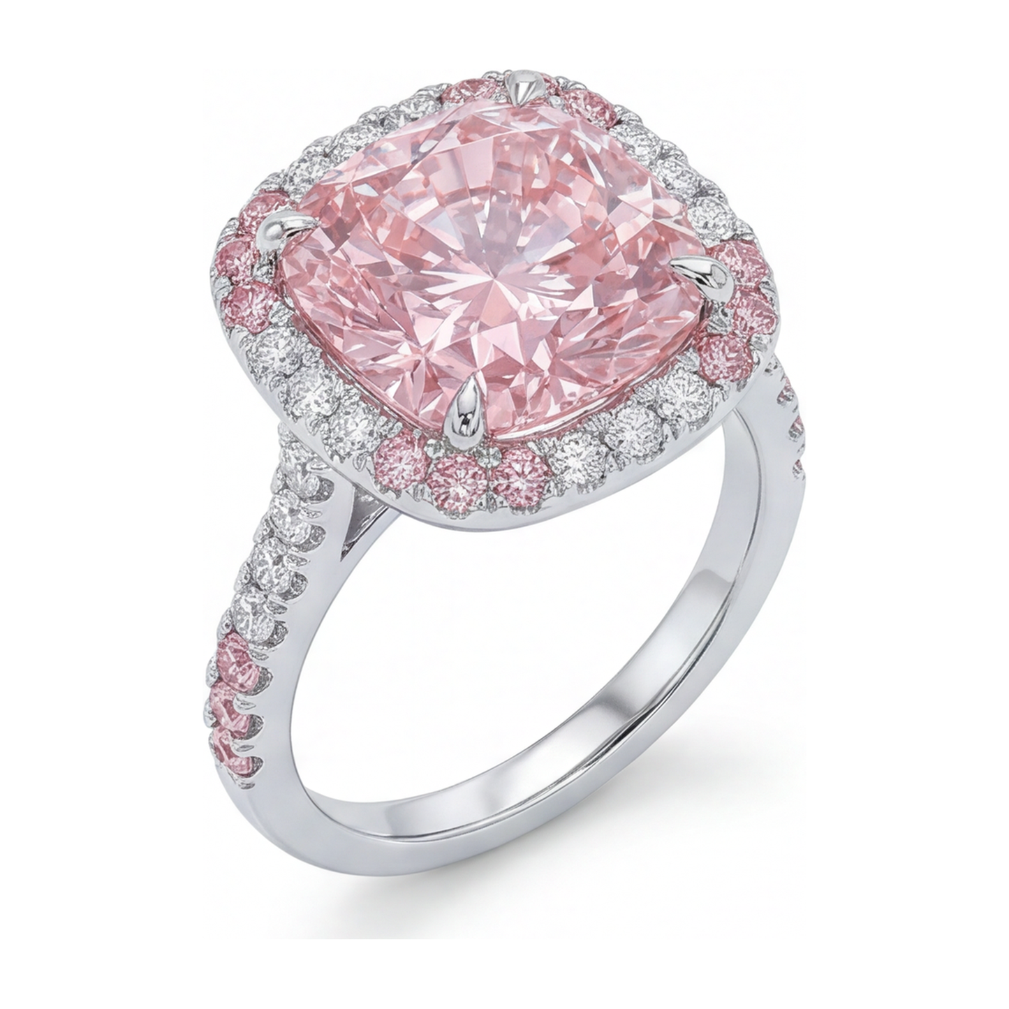 Women's Pink Diamond Ring 6 Carat Lab Grown Cushion Double Halo 14K White Gold