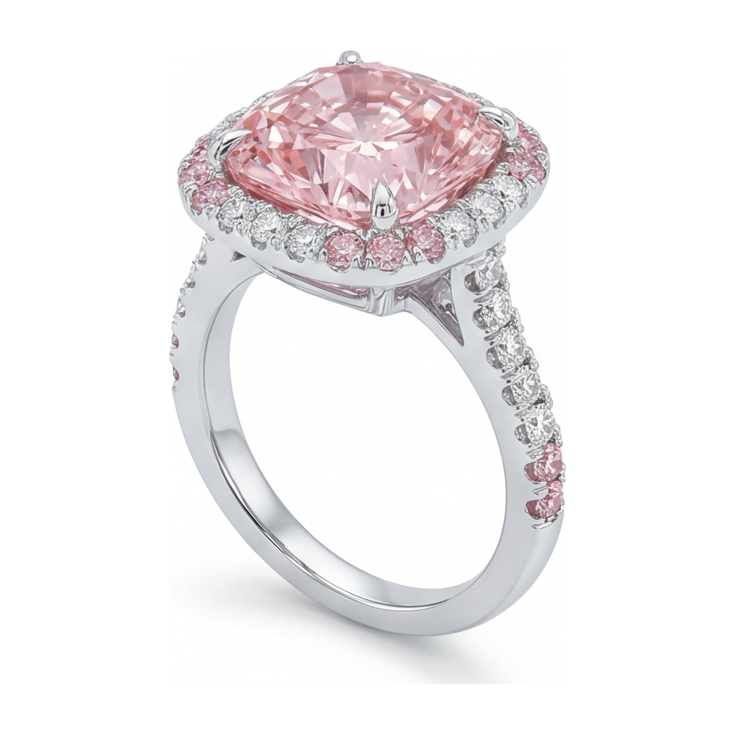 Women's Pink Diamond Ring 6 Carat Lab Grown Cushion Double Halo 14K White Gold