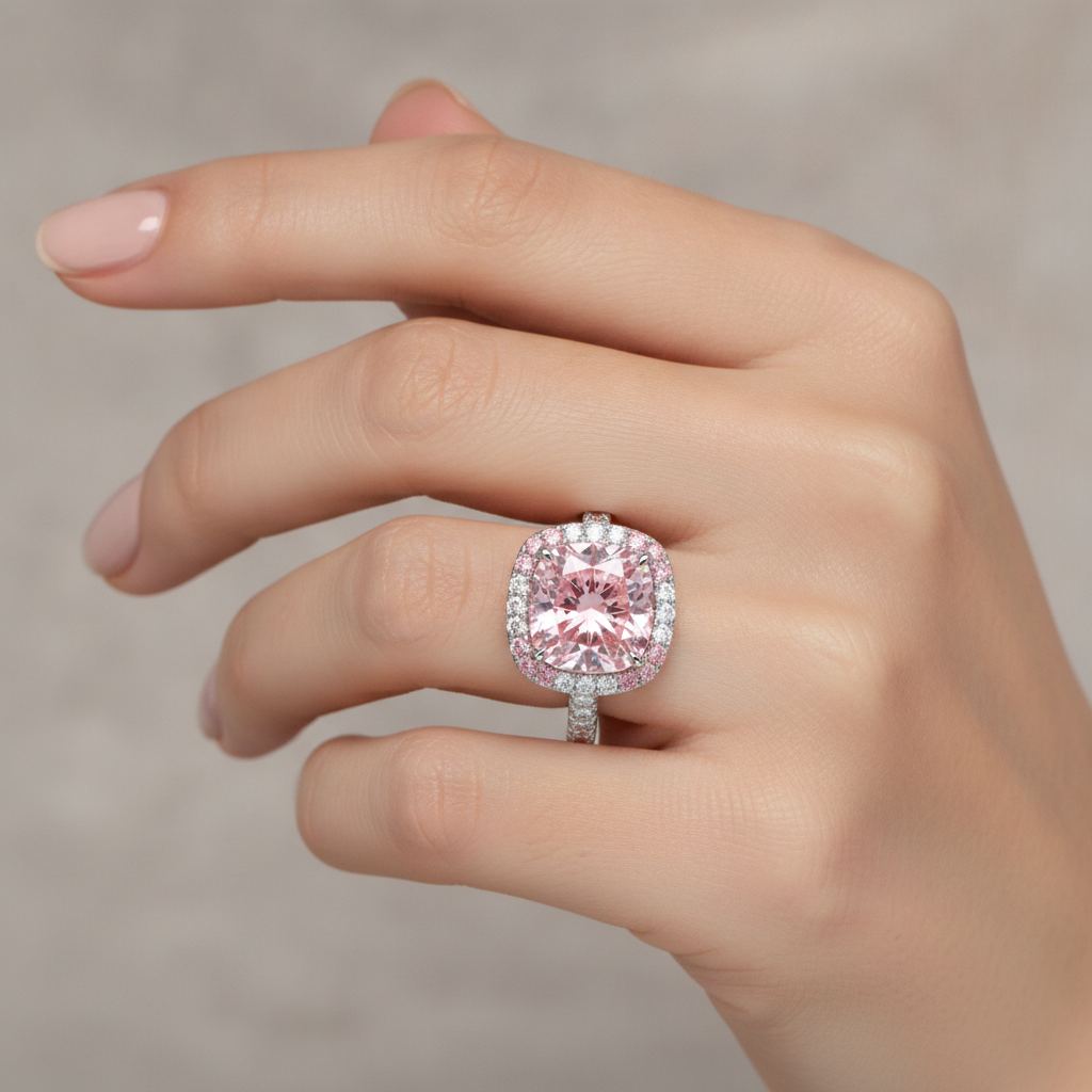 Women's Pink Diamond Ring 6 Carat Lab Grown Cushion Double Halo 14K White Gold