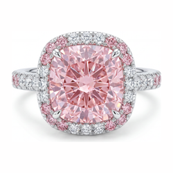 Women's Pink Diamond Ring 6 Carat Lab Grown Cushion Double Halo 14K White Gold