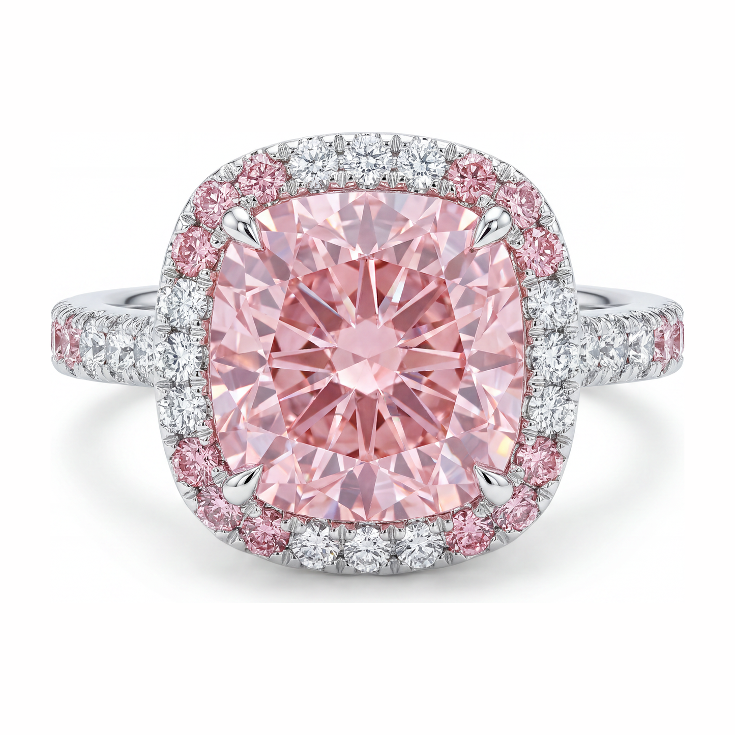 Women's Pink Diamond Ring 6 Carat Lab Grown Cushion Double Halo 14K White Gold