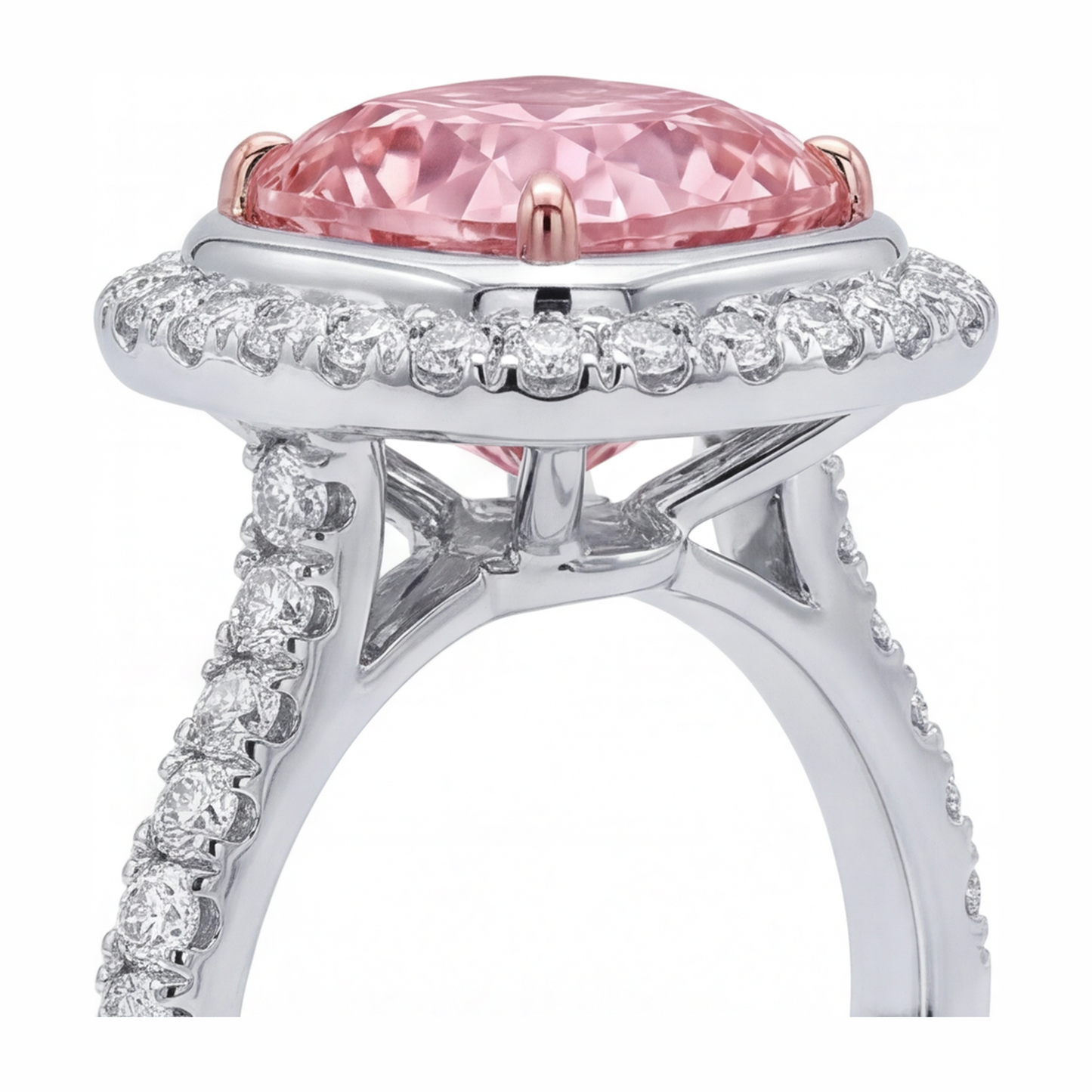 Pink Diamond Ring 6 Carat Lab Grown Cushion Halo Pave 14K White Gold