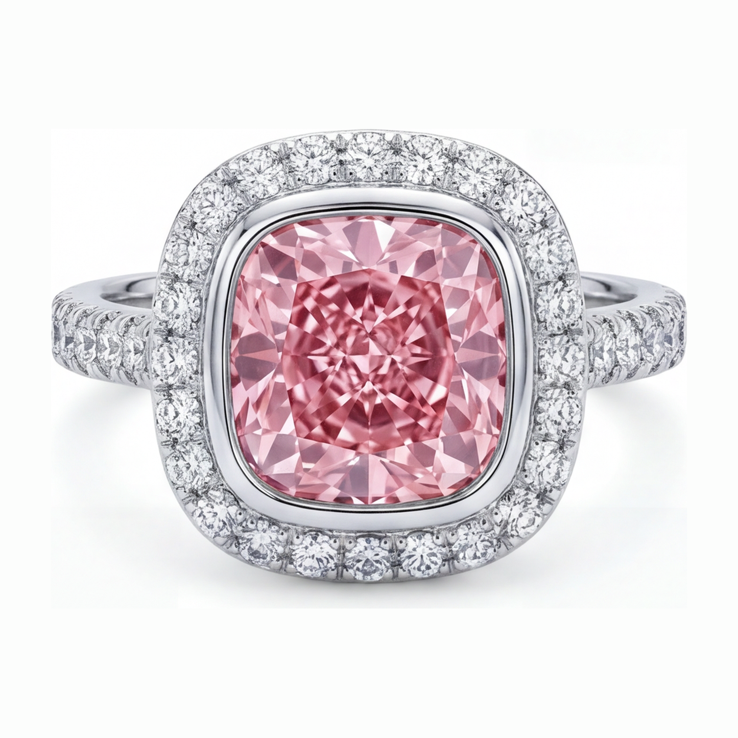 Pink Diamond Ring 6 Carat Lab Grown Cushion Halo Pave 14K White Gold