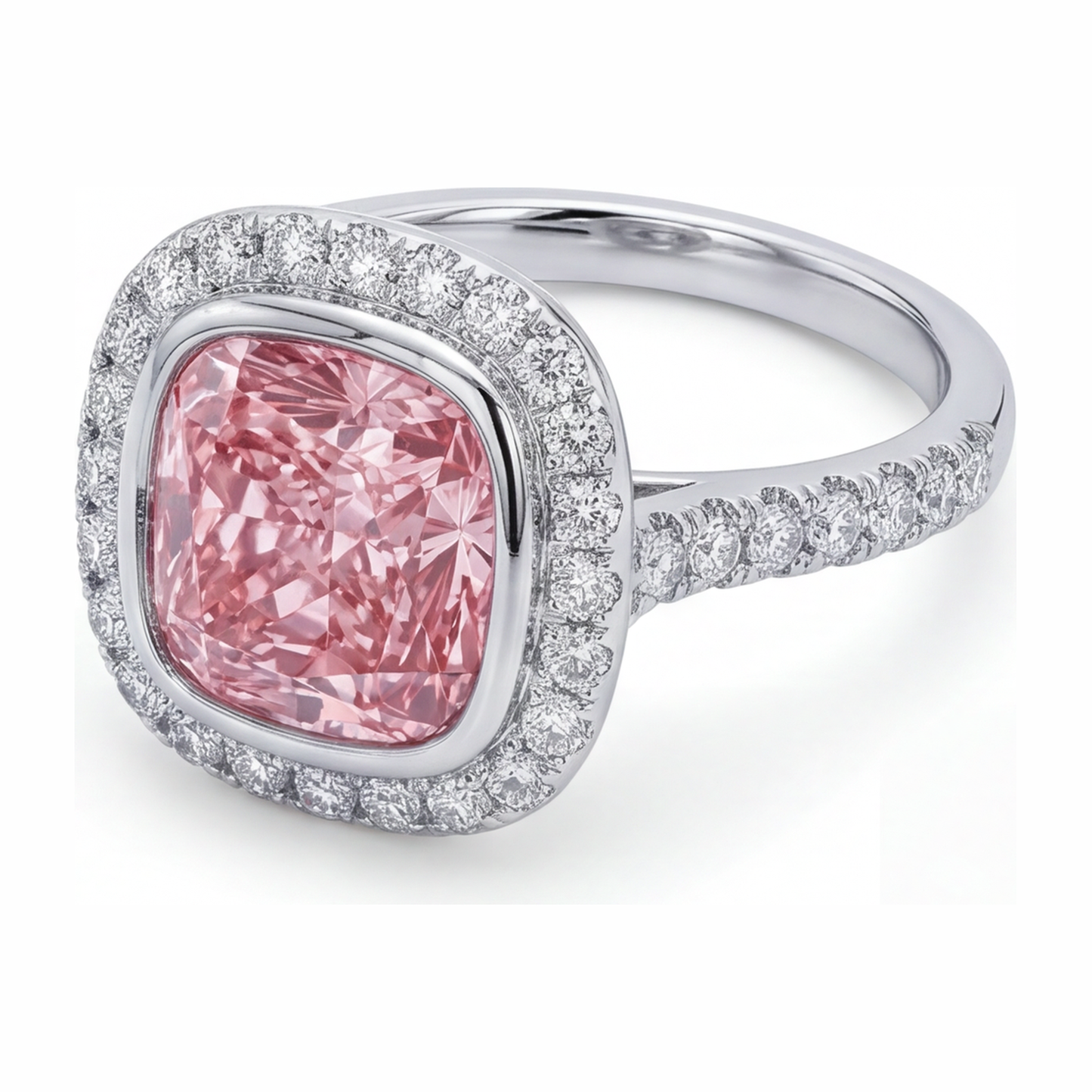 Pink Diamond Ring 6 Carat Lab Grown Cushion Halo Pave 14K White Gold