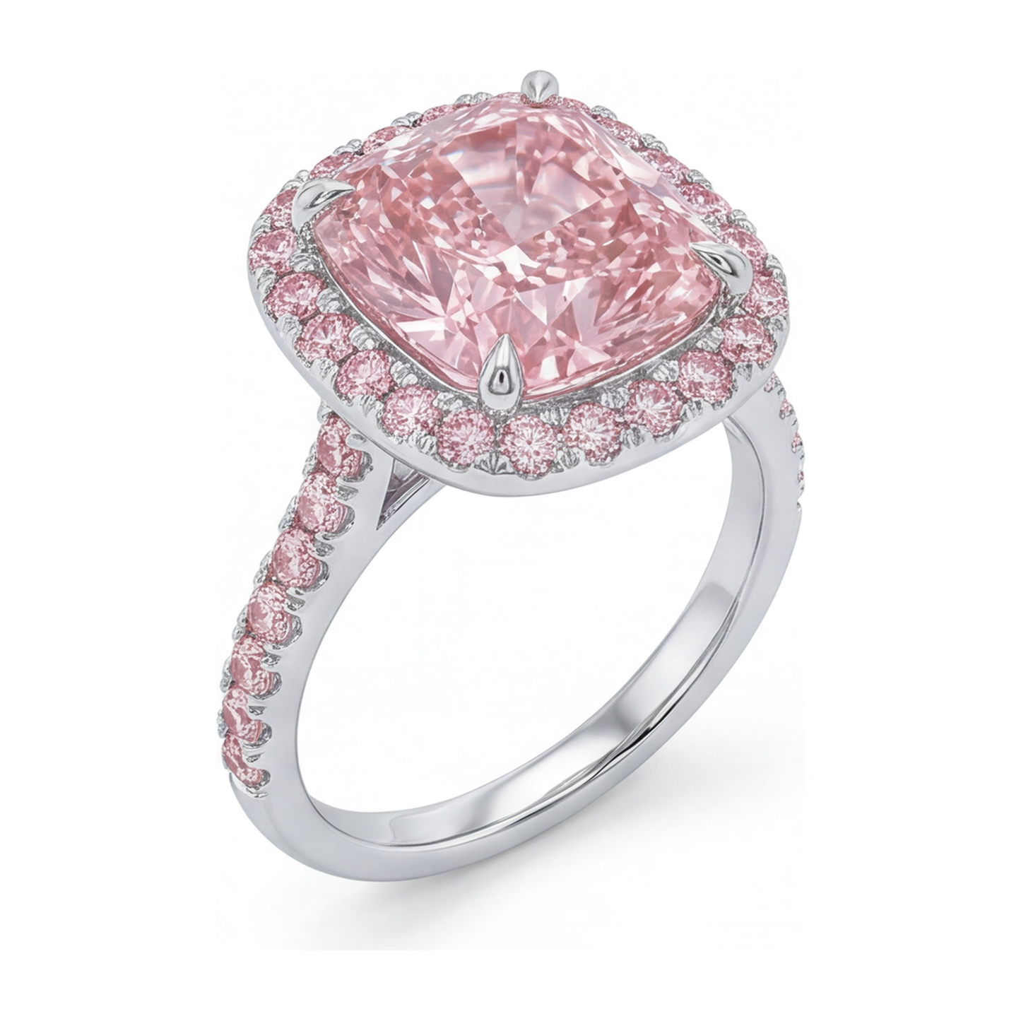 Lab Grown Pink Diamond Engagement Ring 6 Carat Cushion Halo Pave 14K White Gold