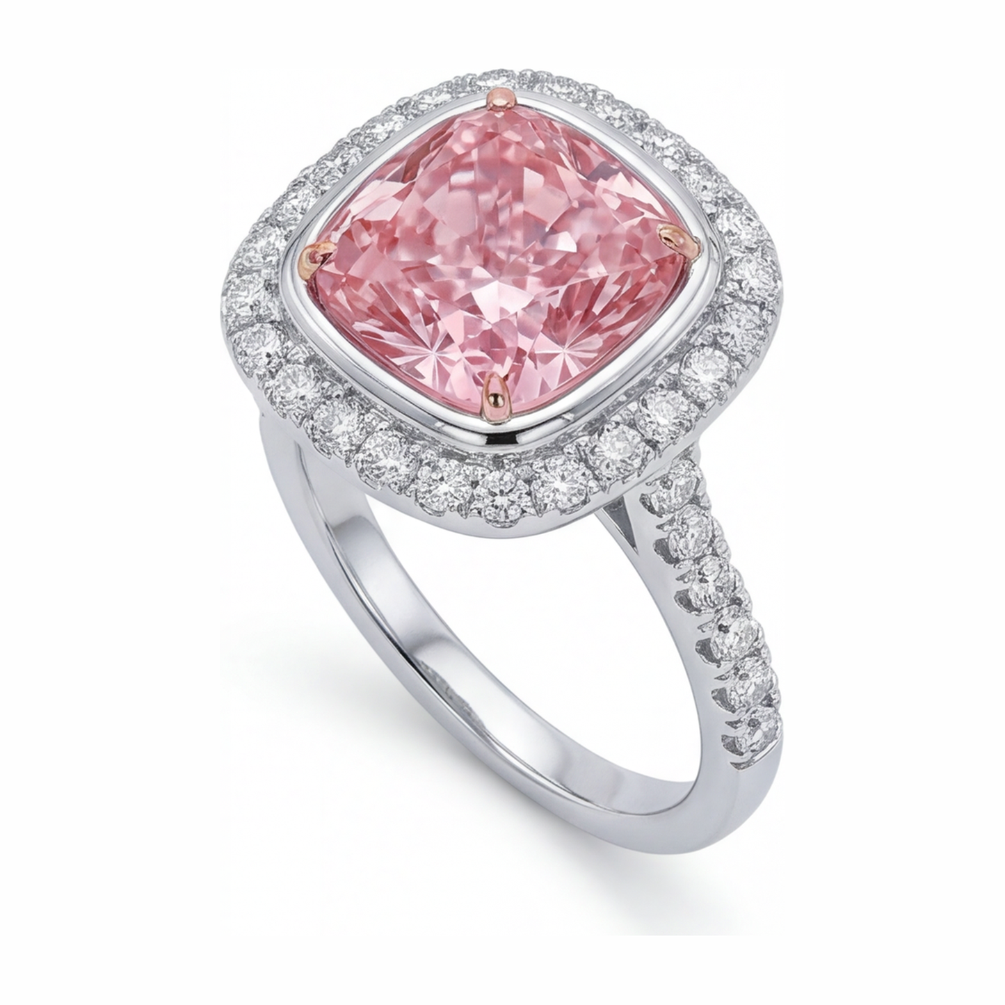 Pink Diamond Ring 6 Carat Lab Grown Cushion Halo Pave 14K White Gold