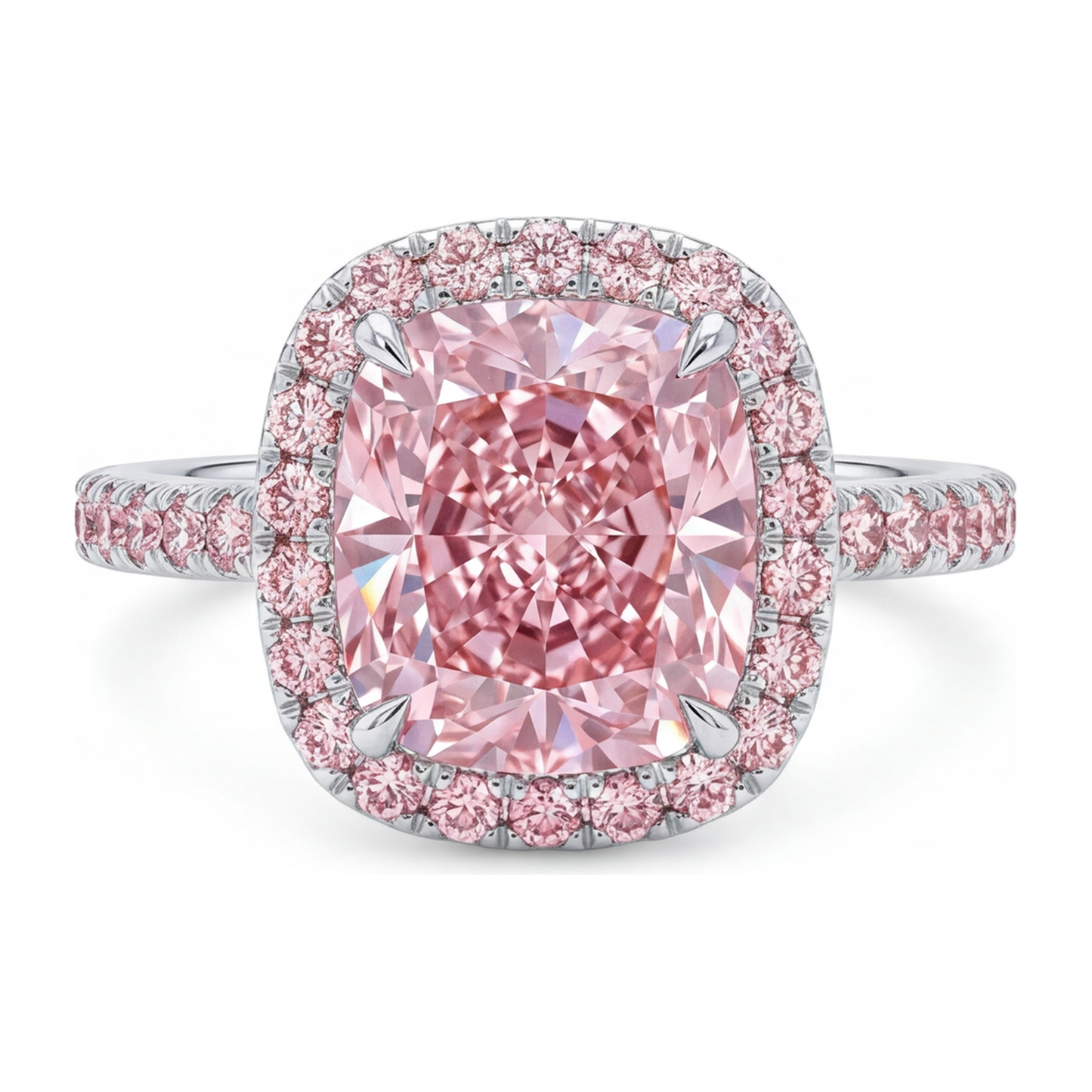 Lab Grown Pink Diamond Engagement Ring 6 Carat Cushion Halo Pave 14K White Gold