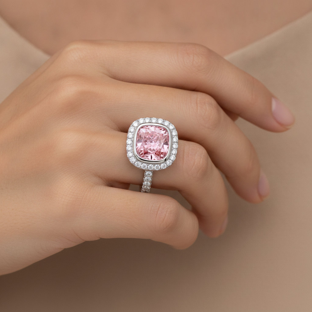 Pink Diamond Ring 6 Carat Lab Grown Cushion Halo Pave 14K White Gold