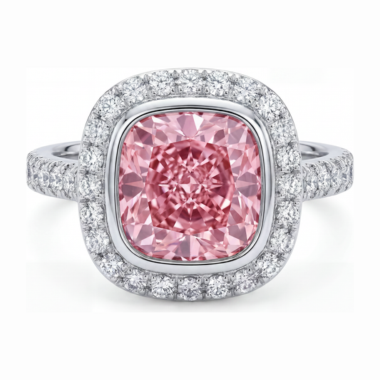 Pink Diamond Ring 6 Carat Lab Grown Cushion Halo Pave 14K White Gold