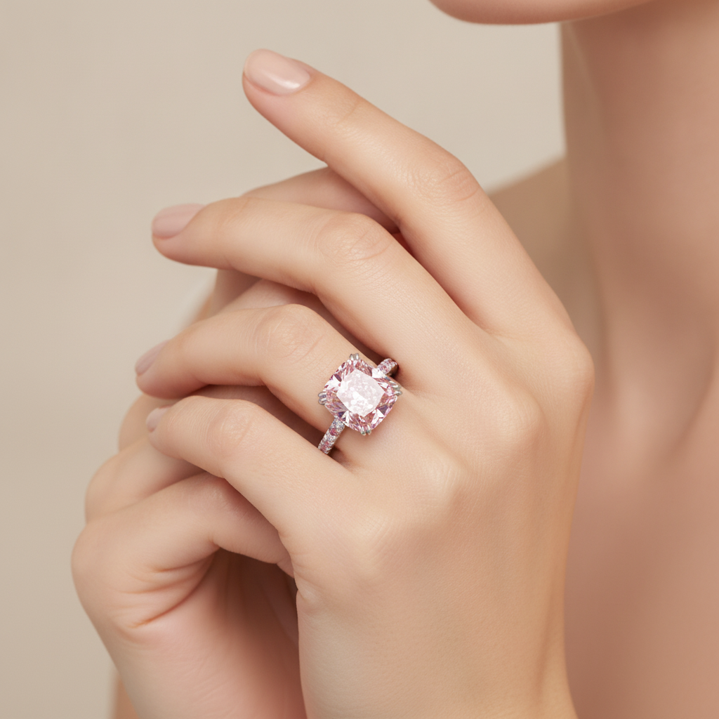 Pink Diamond Ring 6 Carat Lab Grown Cushion Pave 14K White Gold