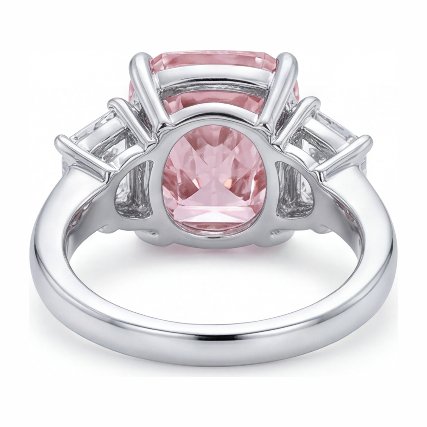 Pink Engagement Ring 6 Carat Lab Grown Cushion Diamond Three Stone 14K White Gold