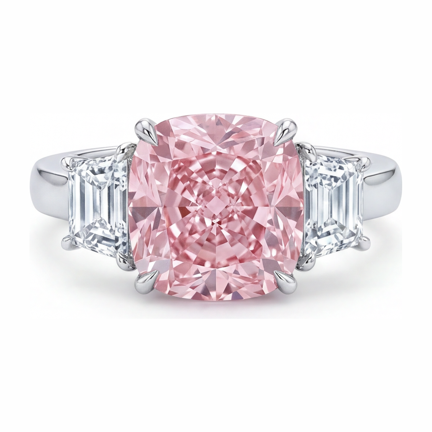 Pink Engagement Ring 6 Carat Lab Grown Cushion Diamond Three Stone 14K White Gold