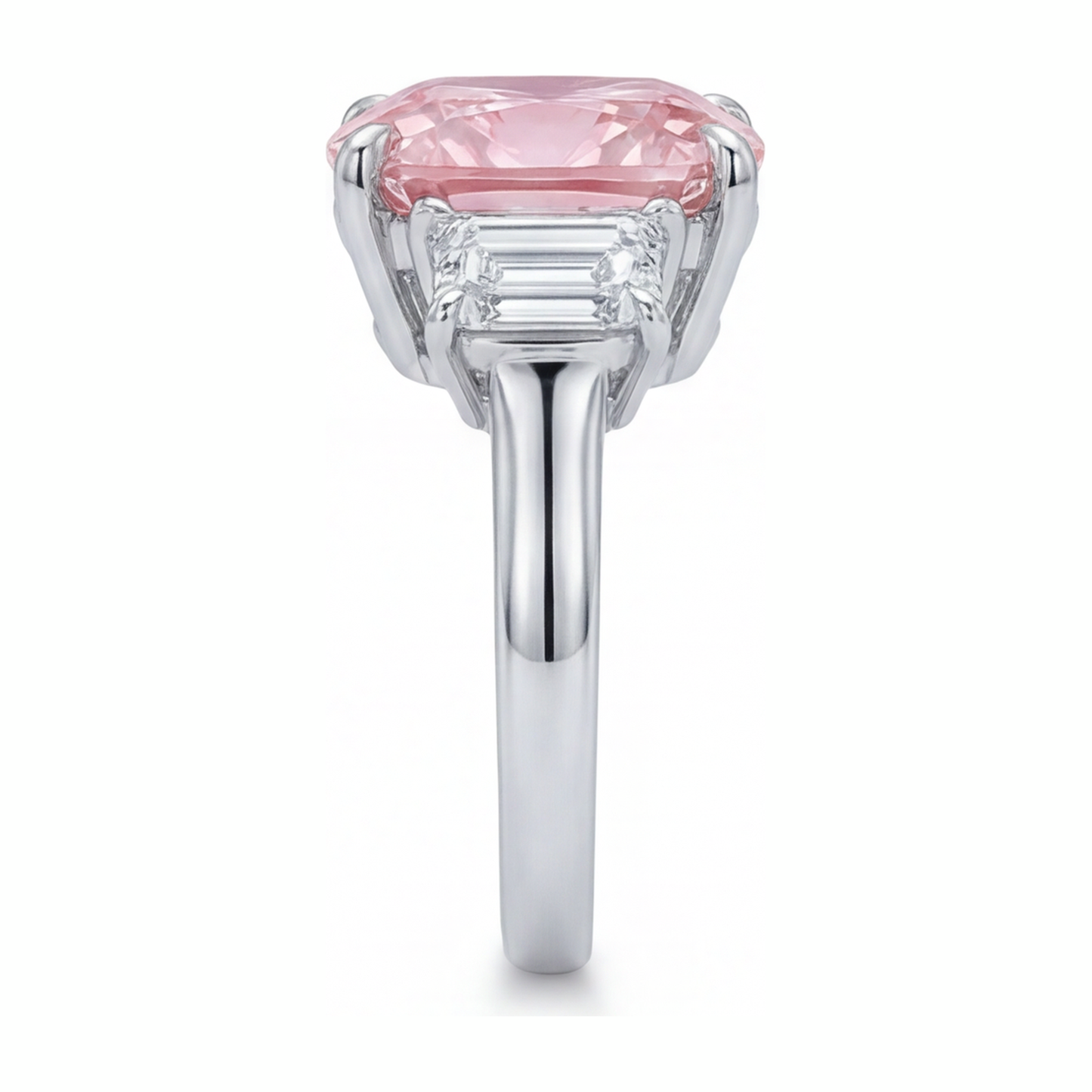 Pink Engagement Ring 6 Carat Lab Grown Cushion Diamond Three Stone 14K White Gold