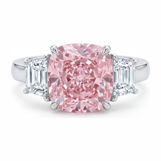 Pink Engagement Ring 6 Carat Lab Grown Cushion Diamond Three Stone 14K White Gold