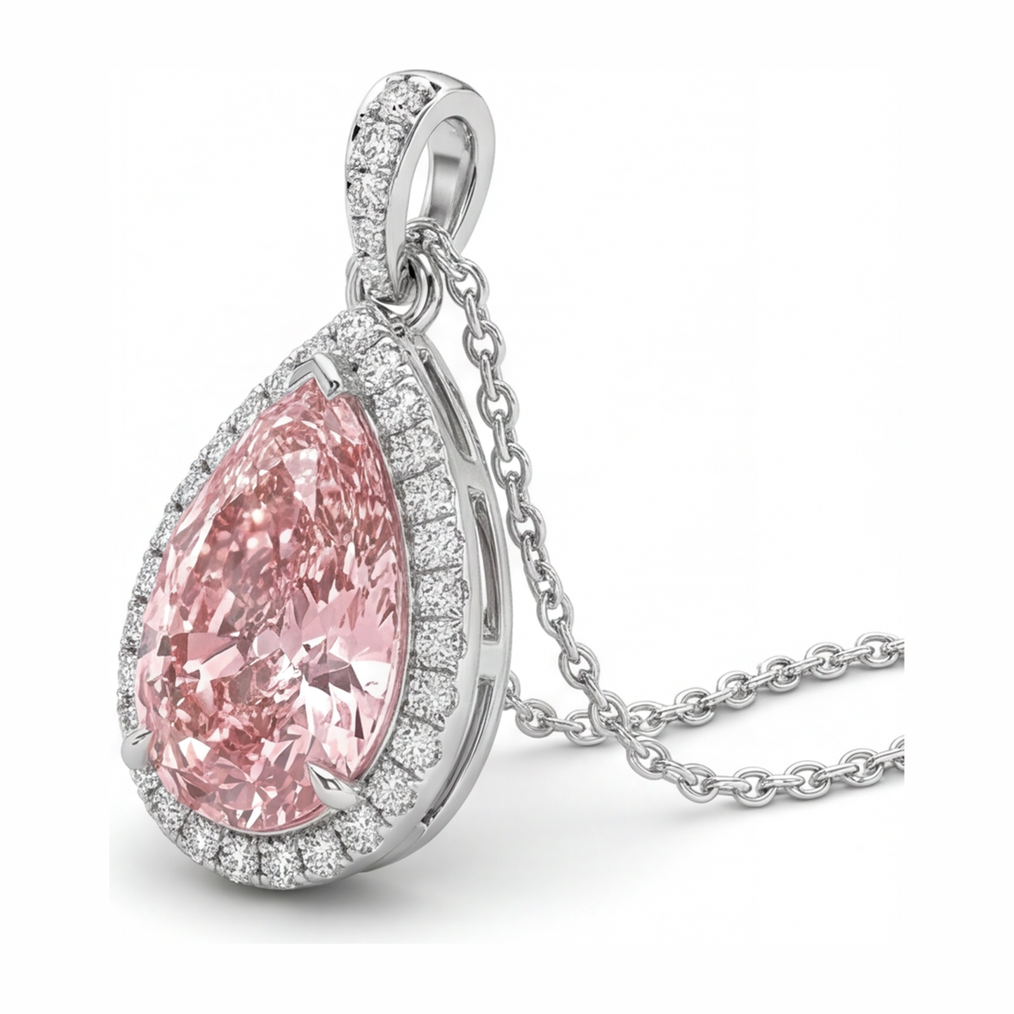Pink Diamond Pendant 6 Carat Lab Grown Pear Halo 14K White Gold