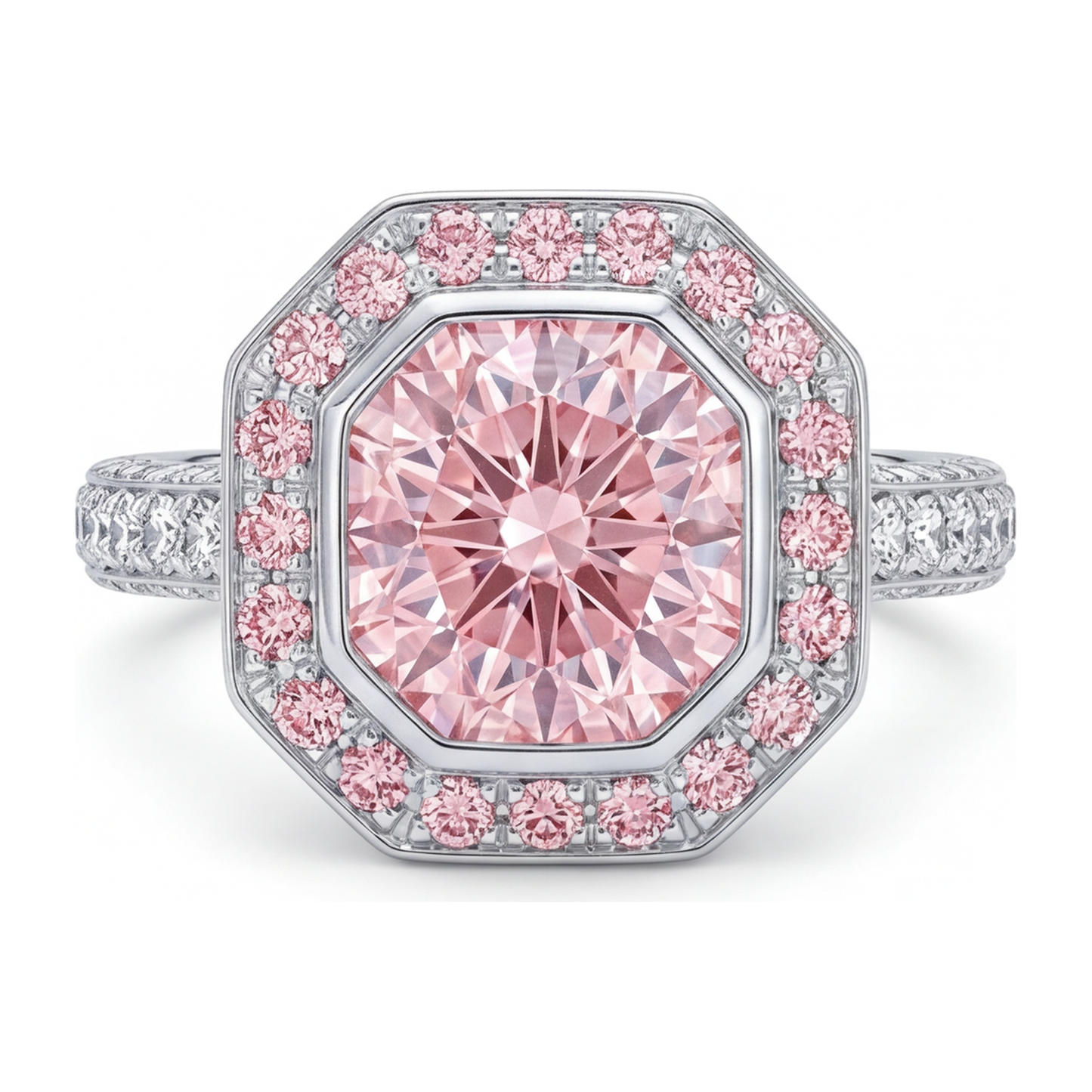 Pink Gemstone Engagement Ring 6 Carat Lab Grown Radiant Diamond Halo 14K White Gold