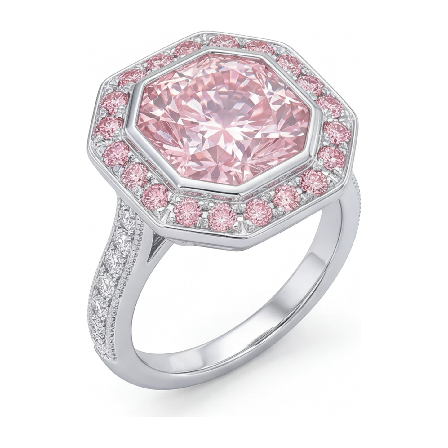 Pink Gemstone Engagement Ring 6 Carat Lab Grown Radiant Diamond Halo 14K White Gold