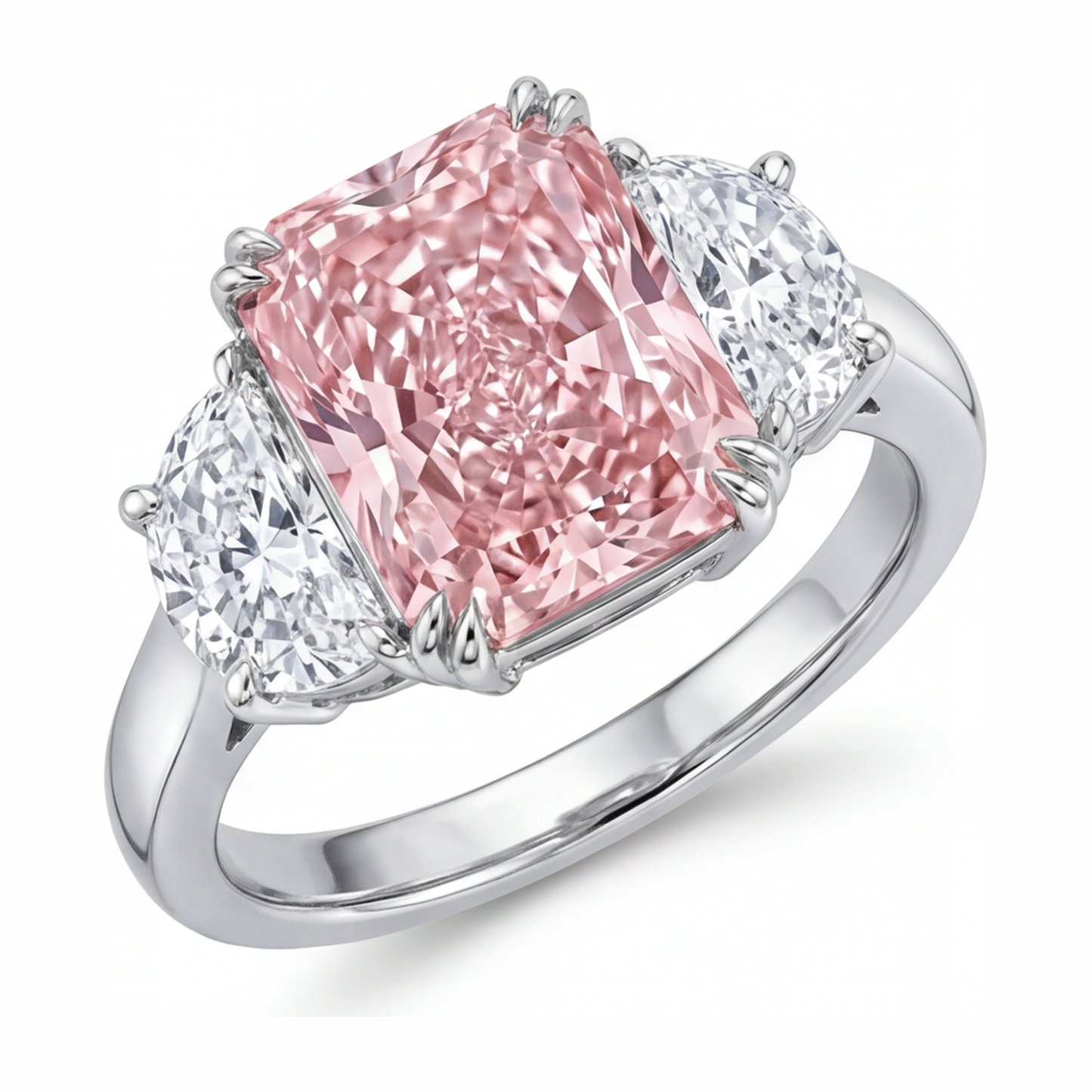 Pink Diamond Ring 6 Carat Lab Grown Radiant Three Stone Plain 14K White Gold