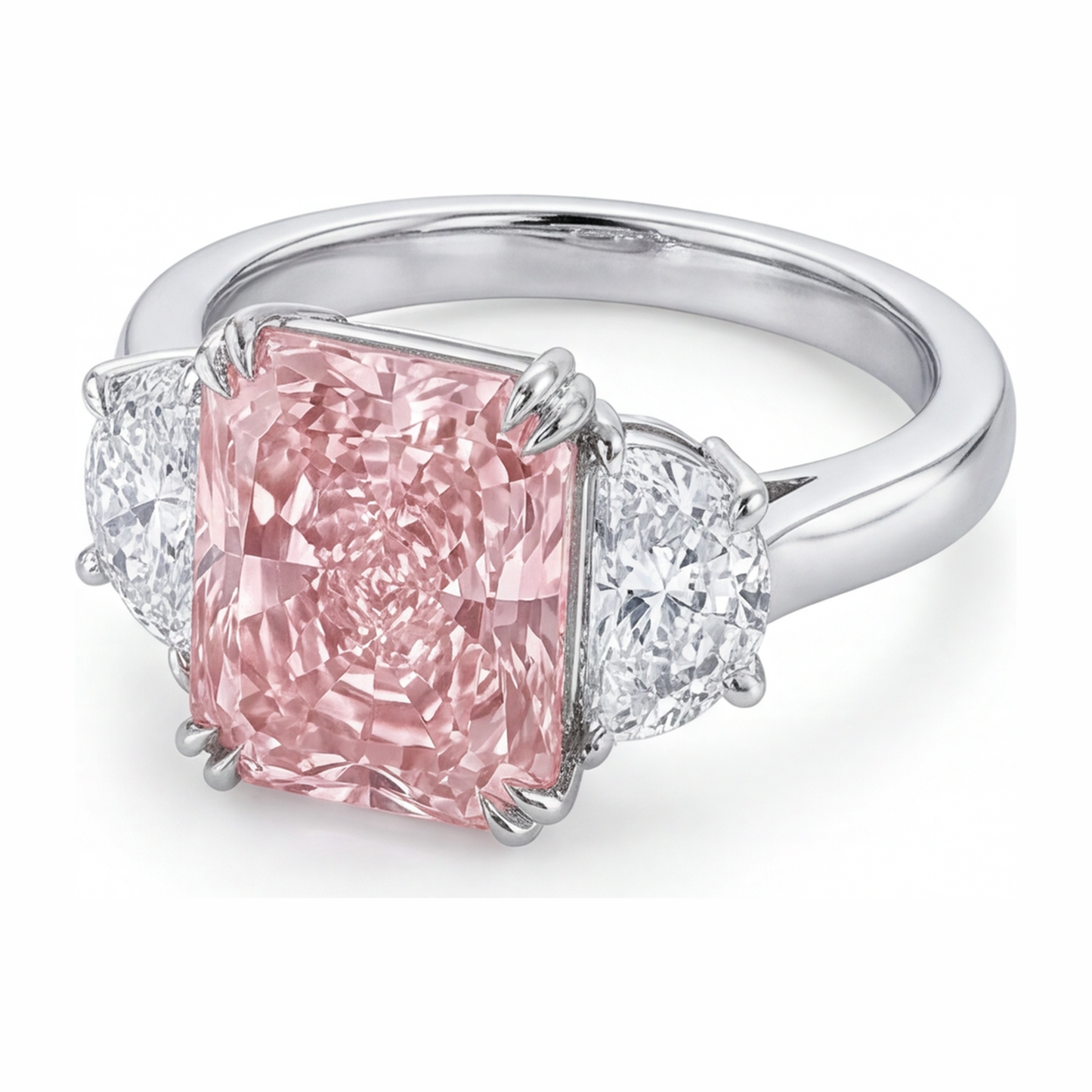 Pink Diamond Ring 6 Carat Lab Grown Radiant Three Stone Plain 14K White Gold